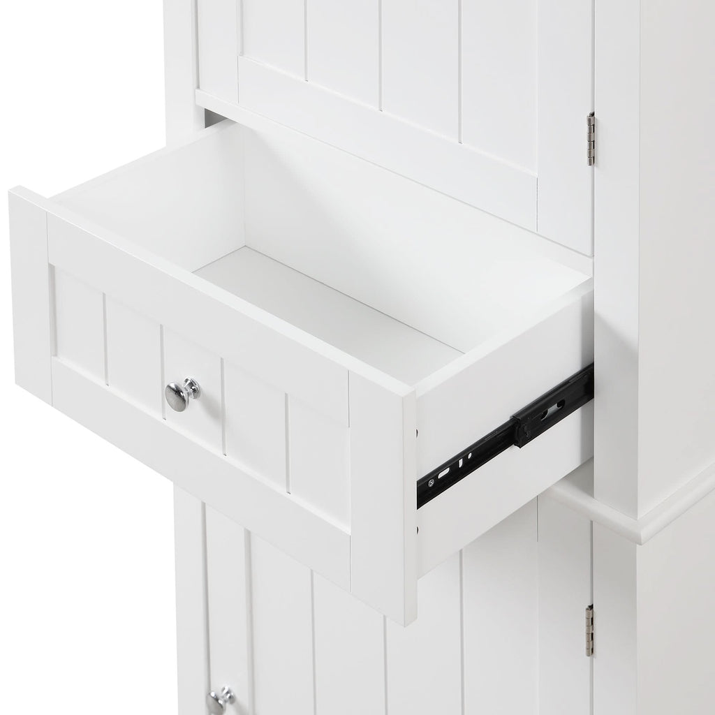Close-up of shelves inside Norrin 67.3 inch white tall narrow bathroom storage cabinet.