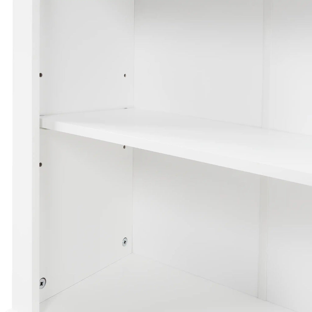 Drawer detail of Norrin 67.3 inch white tall narrow bathroom storage cabinet for bathroom essentials.