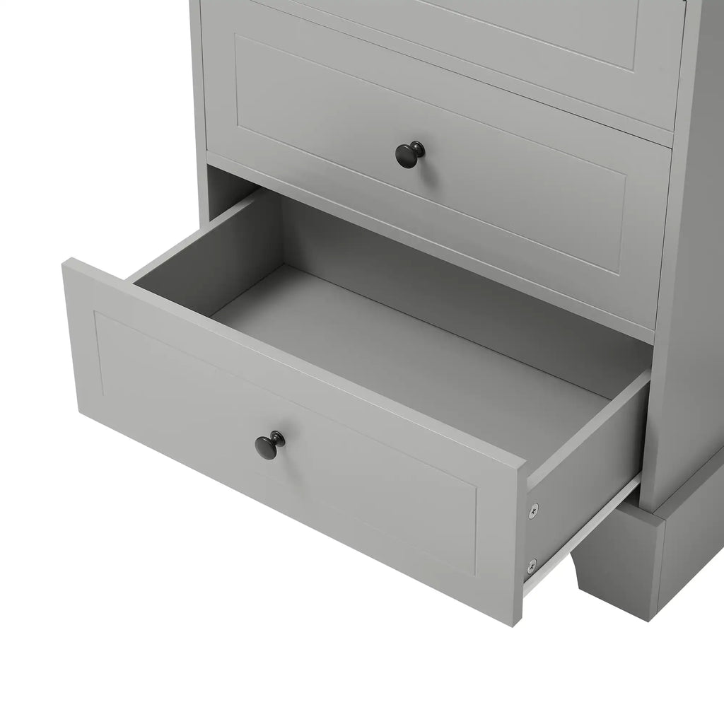 Grey bathroom cabinet with deep lower drawer pulled open, emphasizing ample storage space.